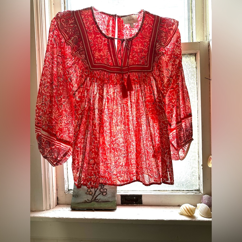 Cleobella Red Floral Women's Top balloon sleeves lovely fabric sz L